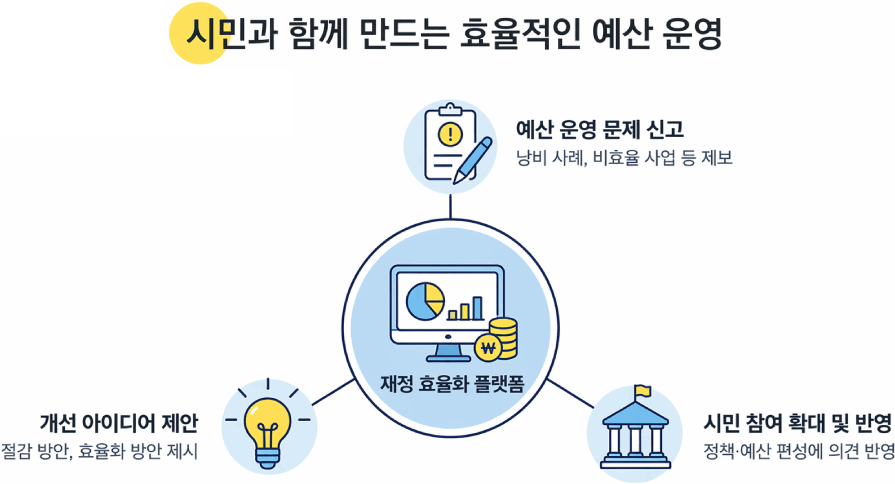 시민과 함께 만드는 효율적인 예산 운영 개선 아이디어 제안 절감 방안, 효율화 방안 제시 재정 효율화 플랫폼 예산 운영 문제 신고 낭비 사례, 비효율 사업 등 제보 시민 참여 확대 및 반영 정책·예산 편성에 의견 반영