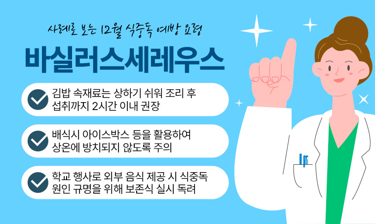 제목 : 사례로 보는 12월 식중독 예방 요령 – 바실러스세레우스

- 김밥 속재료는 상하기 쉬워 조리 후 섭취까지 2시간 이내 권장
- 배식시 아이스박스 등을 활용하여 상온에 방치되지 않도록 주의
- 학교 행사로 외부 음식 제공 시 식중독 원인 규명을 위해 보존식 실시 독려