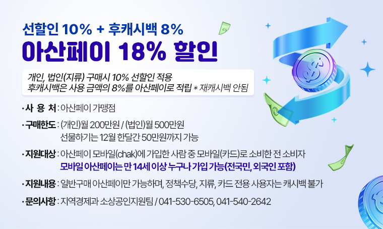 제목 : 아산페이 18% 할인 12월 31일까지, 마지막 기회
내용 : 
- 사업내용 : 아산페이 18%(선할인 10% + 후캐시백 8%) 할인
 ※ 개인, 법인(지류) 구매시 10% 선할인 적용
 ※ 후캐시백은 사용 금액의 8%를 아산페이로 적립 * 재캐시백 안됨
- 구매한도: (개인)월 200만원 / (법인)월 500만원
- 선물하기: 12월 한달간 50만원까지 가능
- 지원대상 : 아산페이 모바일(chak)에 가입한 사람 중 모바일(카드)로 소비한 전 소비자
- 사 용 팁: 아산시민 뿐만 아니라 타지역도 사용 가능하니,
           주변 지인에게 릴레이 홍보로 18% 할인 서혜택 공유
 ※ 모바일 아산페이는 만 14세 이상 누구나 가입 가능(전국민, 외국인 포함)
 ※ 일반구매 아산페이만 가능하며, 정책수당, 지류, 카드 전용 사용자는 캐시백 불가
- 사 용 처 : 아산페이 가맹점
- 문    의 : 지역경제과 소상공인지원팀
  (☎041-530-6505, 540-2642)
