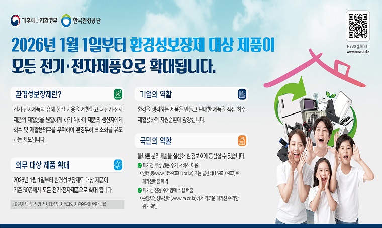 제목 : 환경성보장제도 전기‧전자제품 전 품목 확대
  
 내용 : 전자제품등자원순환법 시행령 개정에 따른 환경성보장제도 전기‧전자제품 전 품목 확대
