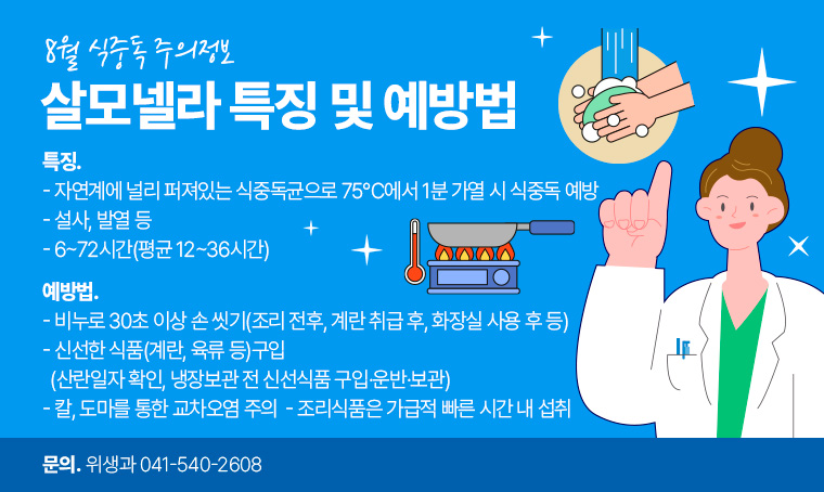 26년 8월 식중독 주의정보
 제목 : 살모넬라 특징 및 예방법
 특징
 - 자연계에 널리 퍼져있는 식중독균으로 75℃에서 1분 가열 시 식중독 예방
 - 설사, 발열 등
 - 6~72시간(평균 12~36시간)

 예방법
 - 비누로 30초 이상 손 씻기(조리 전후, 계란 취급 후, 화장실 사용 후 등)
 - 신선한 식품(계란, 육류 등)구입 (산란일자 확인, 냉장보관 전 신선식품 구입·운반·보관)
 - 칼, 도마를 통한 교차오염 주의
 - 조리식품은 가급적 빠른 시간 내 섭취

 문의 : 위생과 041-540-2608
